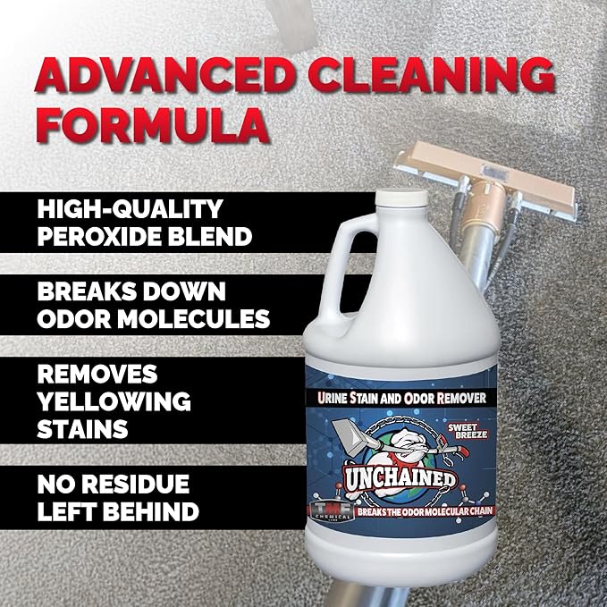 Unchained Urine Stain & Odor Remover Liquid Concentrate - Oxygen Based Odor Control Formula, Pet Smell Eliminator, Ideal for Carpets, Concrete, or Furniture, Sweet Breeze, 1 Gallon