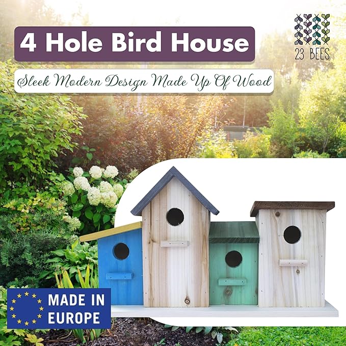23 Bees 4 Hole Bird House for Outside/Indoors/Hanging, Kits for Children & Adults, Decorative Birdhouse &Home Decoration, Outdoors Feeder for Birds, Bluebirds, Wrens & Chickadees, All Weather
