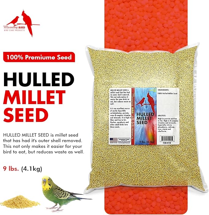 Morning Bird Hulled Millet 9 lbs – Nutritious Hulled Millet Seed, Easily Digestible with High Fiber, Rich in Vitamins and Supplements for Birds, Ideal Bird Feed for All Bird Types.