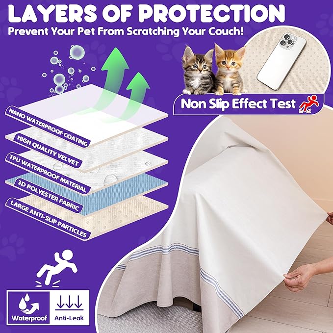 Cat Scratch Furniture Protector - Anti-Slip, Waterproof Sofa Cover to Keep Cats Off, Pet-Friendly Couch Protectors for 3 Cushion Couch, Beige Anti-Scratch Couch Cover for Pets and Kids 118"X91"Beige