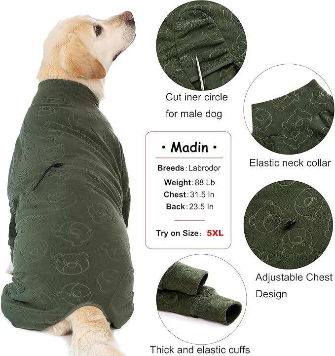 Dog Coats Autumn Winter Jumpsuit for Large Medium Dogs, Warmer Polar Fleece Dog Bodysuit Lightweight Pajamas, Pullover Stretchy Cold Weather Clothes (Dark Green, 3XL)