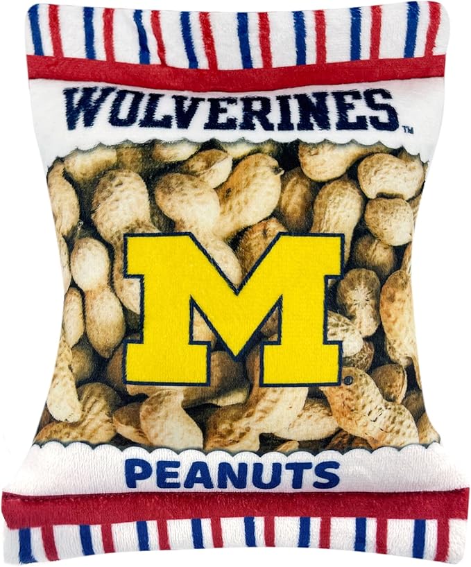 NCAA Michigan Wolverines Crinkle FINE Plush Dog & CAT Squeak Toy- Cutest Stadium Peanuts Snack Toy for Dogs & Cats with Inner Squeaker & Beautiful Football/Basketball Team Name/Logo