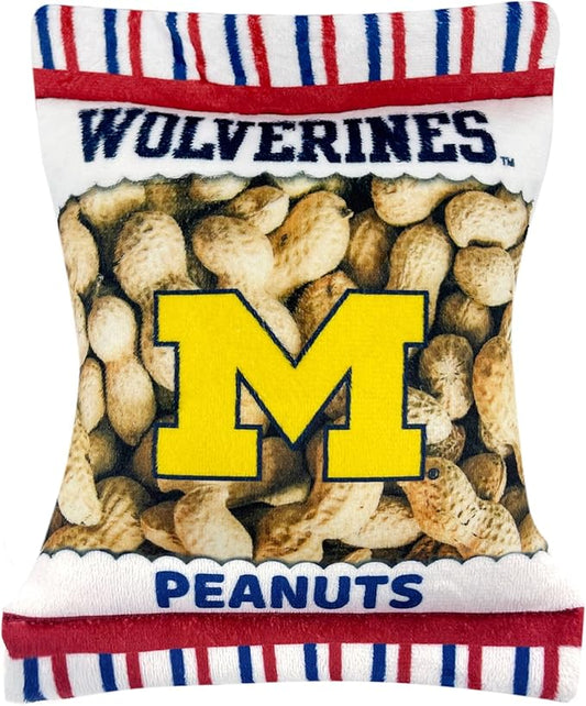 NCAA Michigan Wolverines Crinkle FINE Plush Dog & CAT Squeak Toy- Cutest Stadium Peanuts Snack Toy for Dogs & Cats with Inner Squeaker & Beautiful Football/Basketball Team Name/Logo