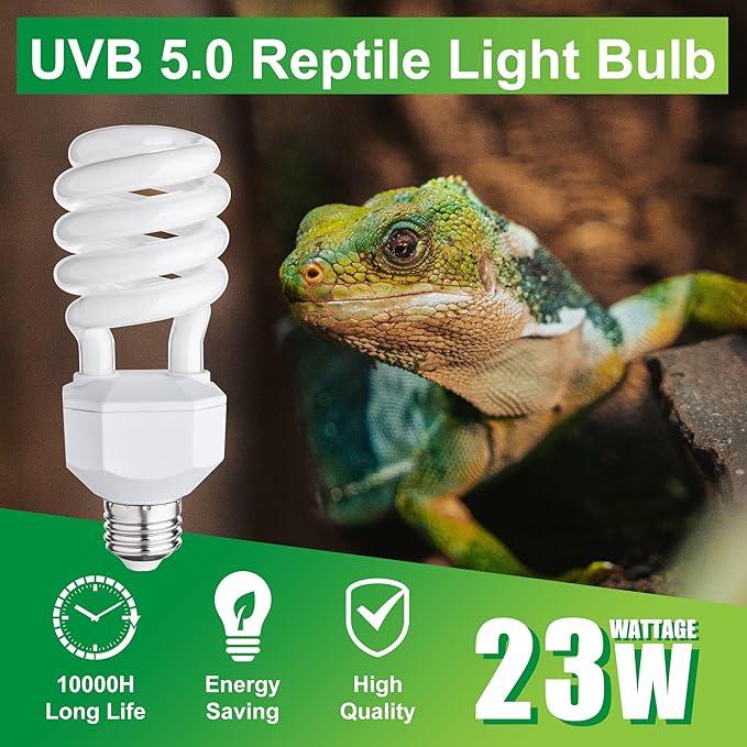 UVB Reptile Light Bulb 5.0, 23W UV Spiral Compact Florescent Terrarium Lamp Ideal for Tropical Reptiles Bearded Dragon Hermit Crab Turtle Leopard Gecko Tank Chameleons Iguanas Snake - 2 Pack