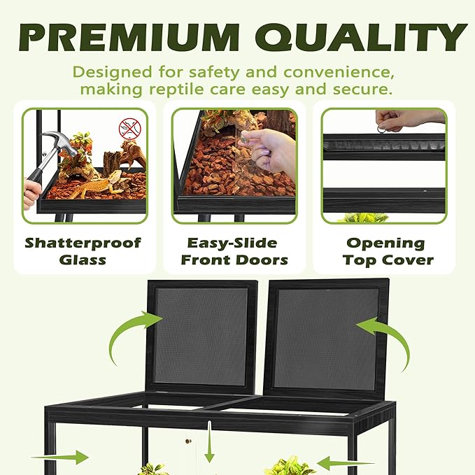 PROLEE Bearded Dragon Tank with Leg,Tempered Glass Lizard Tanks and Reptile Enclosure,Up to 78 Gallon Reptile Tank with Metal Mesh and Lockable Door for Snakes,Chameleon (Black, 60Gallons,40inch)