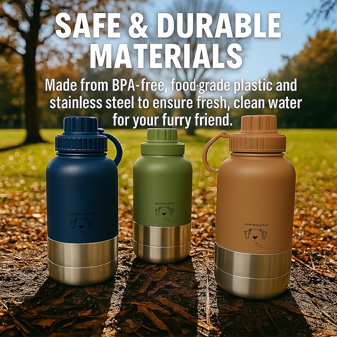 Love Wag & Play Dog Water Bottle Portable – 2 in 1 Stainless Steel Bowl for Food, Water – Leakproof Portable Water Bowl for Dog with Carry Loop – Detachable Design – Ideal for Kibble, Treats (Brown)