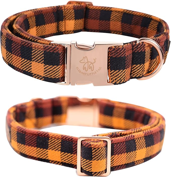 Elegant little tail Fall Dog Collar, Autumn Pet Collar Durable Yellow Plaid Dog Collars Male or Female Holiday Pet Gift Adjustable Dog Collar for X-Large Dogs