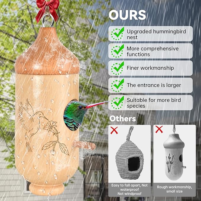 Hummingbird House, Solid Wood Hummingbird Houses for Outside-Exquisitely Handcrafted Birdhouse with Ribbon and String Hanging Kit, Durable Garden Decor, Perfect Gardening Gift(Style-C, 1 Pack)