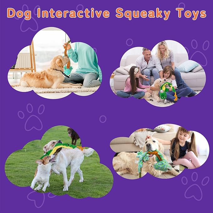 Crinkle Dog Toys Squeaky Plush No Stuffing Cute Puppy Stuffless Tough Rop Pull Toy, Fun Dog Stuffed Animals Durable Chew Set for Small Medium Large Pup (Large, Lizard+Alligators)