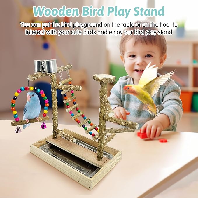 PINVNBY Bird Playground Natural Wood Parrot Perch Stand Bird Play Gym Colorful Climb Ladder Swing with Metal Tray and 2 Stainless Steel Cups Bird Cage Accessories for Conure Cockatiel Parakeet Lovebir