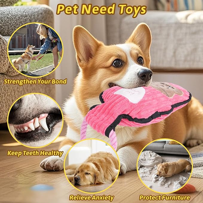 2-Pack Squeaky Dog Toys & Tough Tug of War Set - No Stuffing Chew-Resistant Plush Toys to Keep Them Busy, Best Birthday Gift for Small/Medium/Large Breeds (Dino & Gorilla)