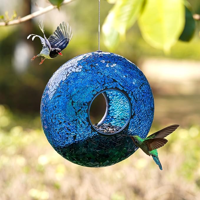 Topadorn Bird Feeder Fly Through Mosaic Round Stained-Glass Birdfeeder, Outdoor Hanging Blue Wild Bird Feeder Squirrels-Proof for Garden Decoration Gift, 9"