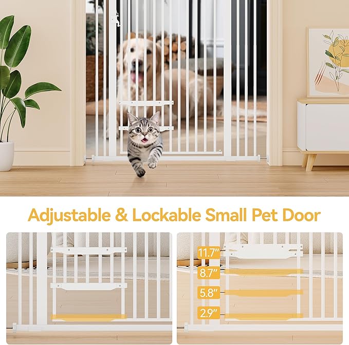 YITAHOME Extra Tall 55" High Metal Dog Gate with Cat Door, 29.5"- 43" Wide Auto Close Pet Gate Indoor for Stairs, Doorways, House, No Drilling Pressure Mount, Sturdy, White
