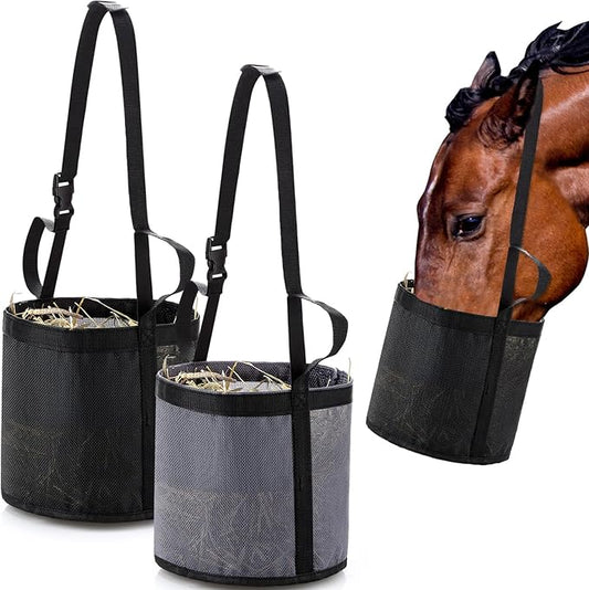 2 Pcs Horse Feed Bags for Grain Mesh Grain Feeder Bucket with Adjustable Strap and Waterproof Bottom for Feeding Fodder Powder Supplements(Black and Gray)