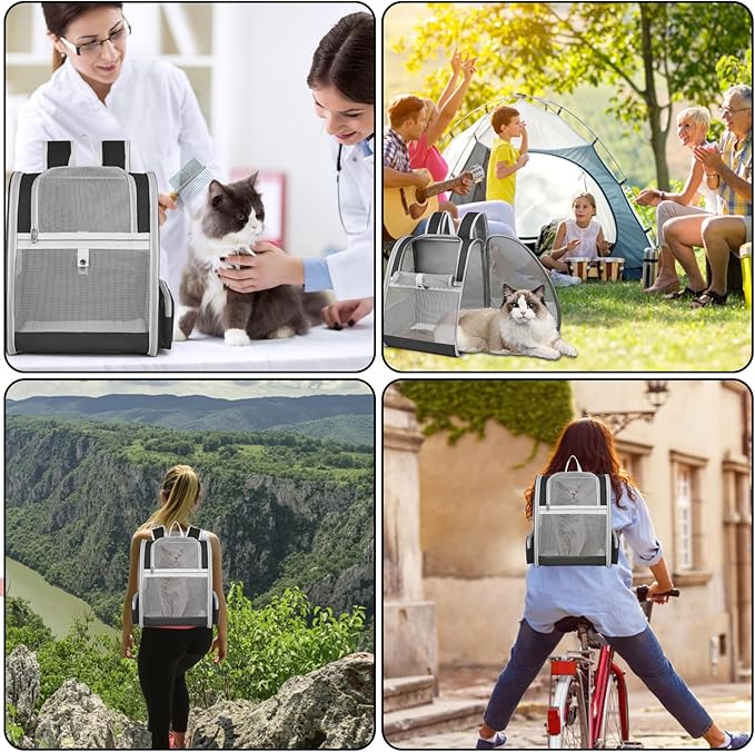 Cat Backpack Carrier, Large Pet Backpack with Kitten Wand Feather Toy for Medium Small Dog Cat Puppy Kitty Bunny up to 15lbs, Ventilated Mesh Dog Travel Carrier for Hiking Walking Outdoor Use (Black)