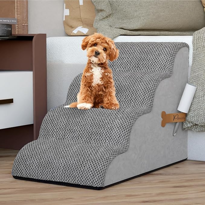 PAWZY Foam Pet Stairs for Bed, Couch or Window PREFIXED Cover - Wide Steps for Bed, Waterproof, Non-Slip Base - 4 Tier Ramp Dog Stairs for Small Dogs, Puppies, Cats - (Gray, 4 Step, 1)