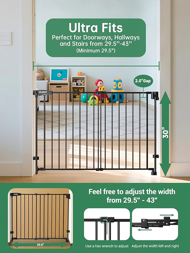 29.5-43" No Bottom Bar Baby Gate for Stairs, Auto Close Baby Gates for Doorways, Hardware Mounted, Dog/Pet Gate Indoor with Extra-Wide Walk Thru Door, Child-Proof Safety Gate for Kids (Black)