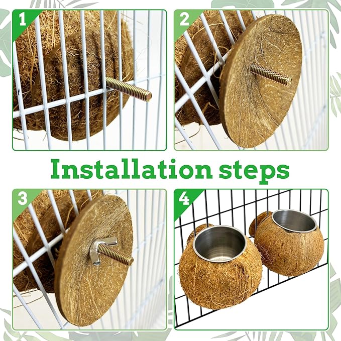 Coconut Bird Bowls for Cage 2-in-1 Coconut Shell Birds Feeder Set of 2 Hanging Parrot Cage Feeders Natural Parakeet Food and Water Dishes for Lovebirds Finches Budgies Cockatiels