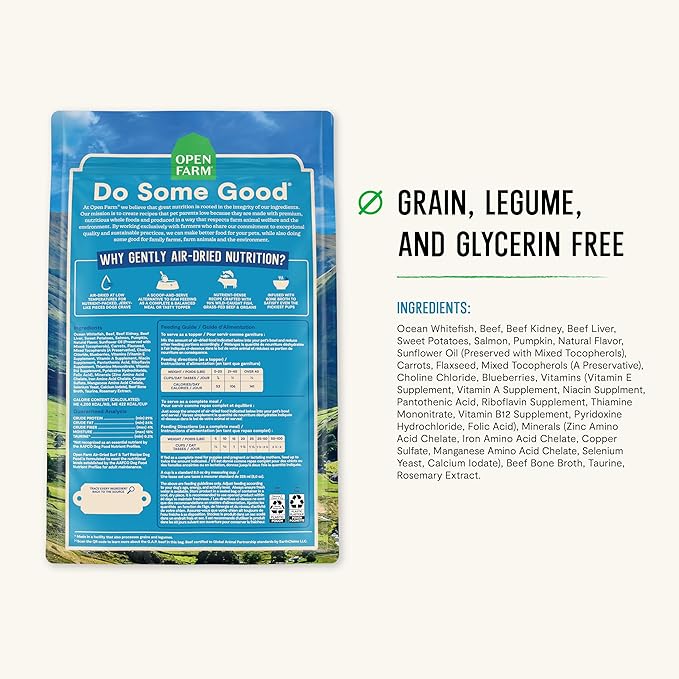 Open Farm, Air Dried Dog Food Infused with Bone Broth, Grain & Legume Free, Complete Meal or Food Topper, Surf & Turf Recipe, 1lb Bag