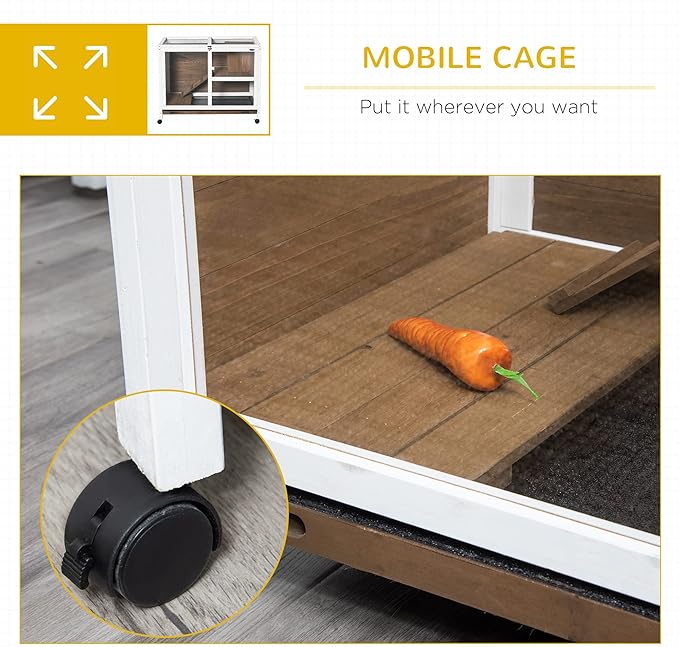 PawHut Rabbit Hutch with Wheels, Desk and Side Table Sized, Wooden Rabbit Cage, Waterproof Small Bunny Cage with Removable Tray, Openable Roof, for Rabbits, Chickens, Ducks, Indoor/Outdoor, Brown