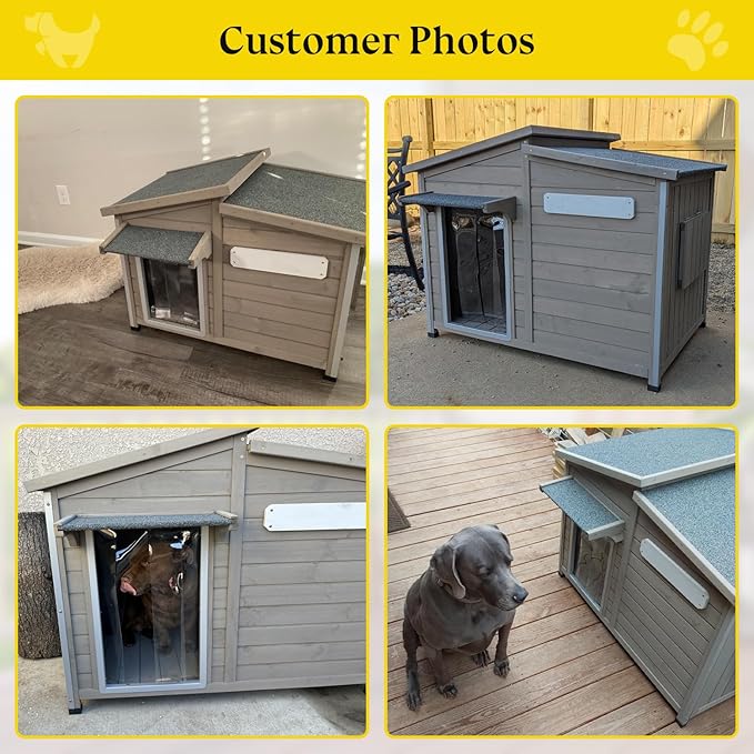 Dog House Outdoor Weatherproof Large Wooden Dog Kennel Indoor with Chew-Proof Iron Frame, Removable Floor, and Adjustable Window for Medium Dogs (Grey, 43.5" D x 29.5" W x 33.5" H)