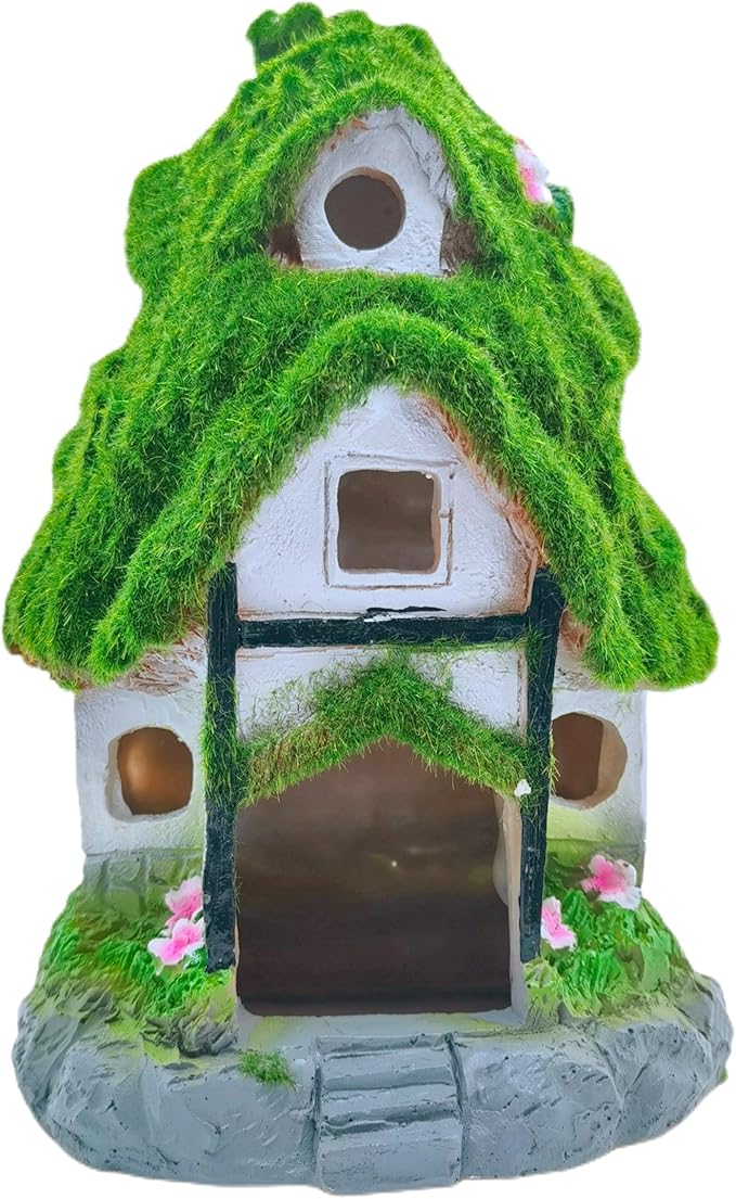 M2cbridge Aquarium Decorations Fish Hideout House Betta Cave with Green Lifelike Moss (Garden Shed)