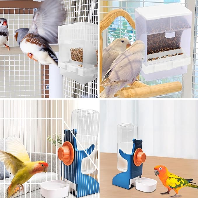 PINVNBY 2 PCS No Mess Bird Feeder Water Dispenser Set, Automatic Birds Water Feeder, Parakeet Seed Food Feeding Drinker for Cage, Plastic Parrot Feeder Accessories for Parakeets Cockatiel Lovebird