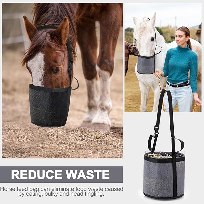 2 Pcs Horse Feed Bags for Grain Mesh Grain Feeder Bucket with Adjustable Strap and Waterproof Bottom for Feeding Fodder Powder Supplements(Black and Gray)