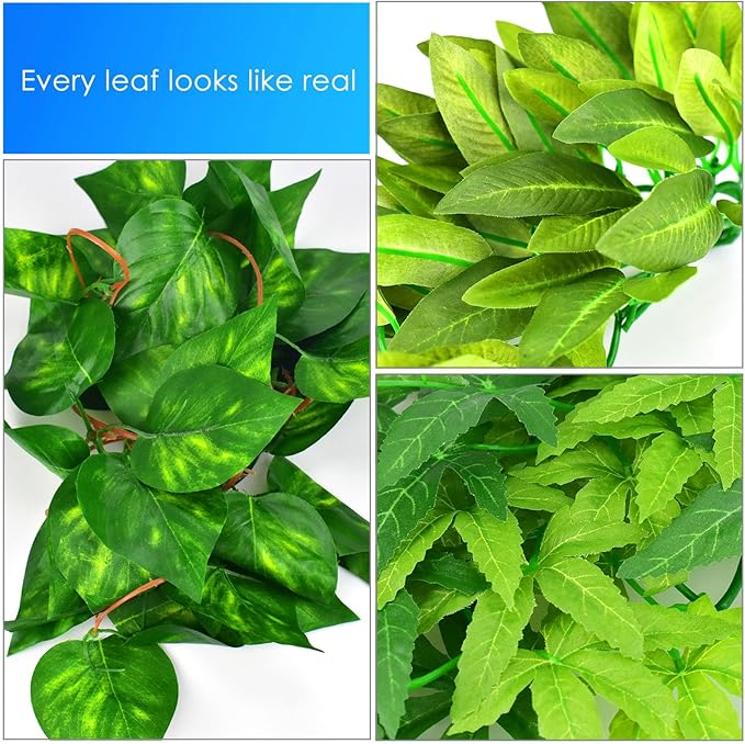 KATUMO Reptile Plants, 3PCS Amphibian Hanging Plants with Suction Cup for Lizards, Geckos, Bearded Dragons, Snake, Hermit Crab Tank Pets Habitat Decorations