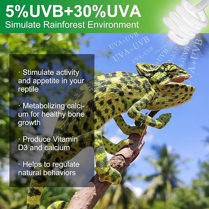 UVB Reptile Light Bulb 5.0, 23W UV Spiral Compact Florescent Terrarium Lamp Ideal for Tropical Reptiles Bearded Dragon Hermit Crab Turtle Leopard Gecko Tank Chameleons Iguanas Snake - 2 Pack