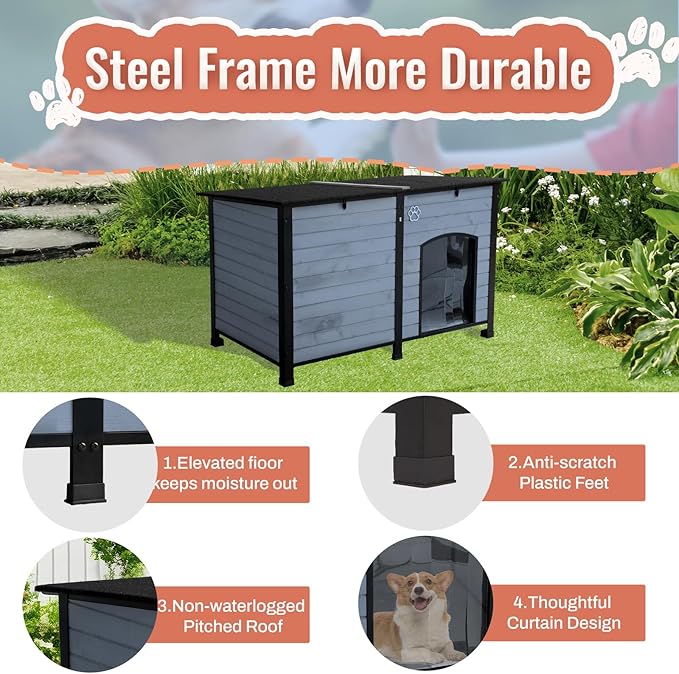 Outdoor Dog House, Indoor Outdoor Doghouse Puppy Shelter Dog House with Iron Frame,Anti-Bite Design Dog Home for Small Medium Some Large Dogs (Grey, Large)