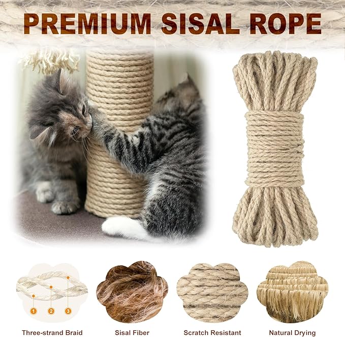 164 FT Sisal Rope for Cat Scratcher Kits, 4MM Natural Hemp Twine Rope Replacement for Cat Scratching Post Repairing Scratcher Cat Tree Tower Toys Indoor DIY Craft with Hot Glue Gun and Glue Sticks