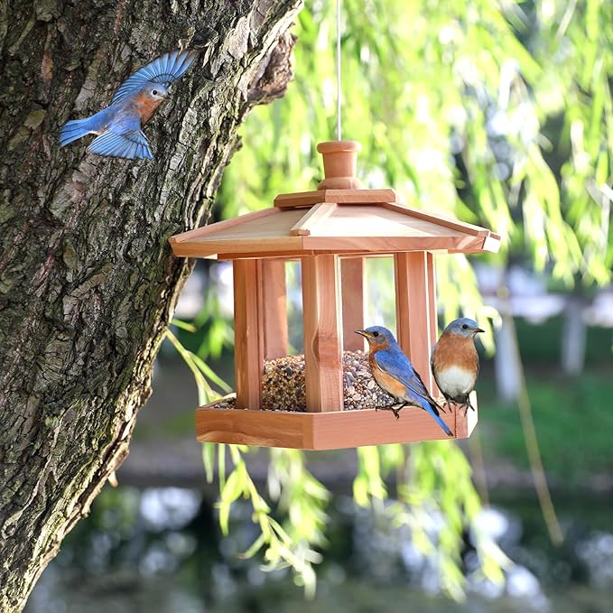 Wooden Bird Feeder for Outdoors Hanging, Red Cedar Hexagon Shaped Large Capacity, Cardinal Birdfeeder for Garden Decoration Yard, Weatherproof and Durable(Large)