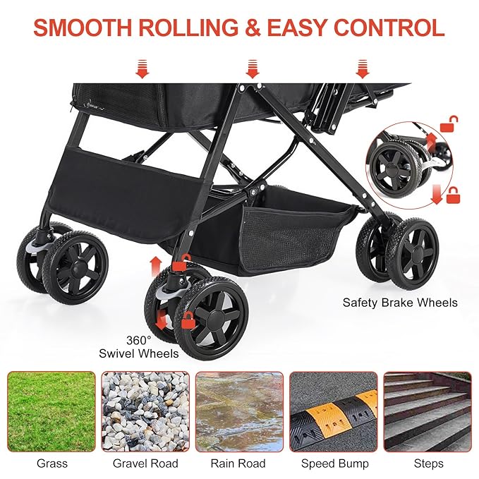 Dog Stroller for Large Medium Dogs & Cats with Reversible Handle, Foldable Pet Stroller Travel Carriage with Large Storage Basket, Black