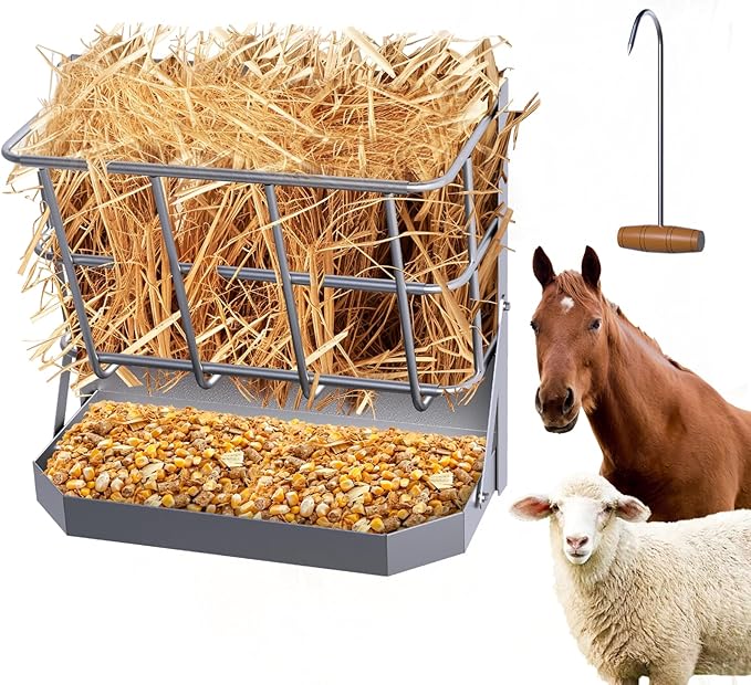 Goat Hay Feeder, 21 Gallon Large Capacity Hay Rack, 2 in 1 Hay and Grain Feeder, Wall Mounted Livestock Feeder with Feed Tray Wall Hay Rack for Sheep, Horses, Goats, Metal Hay Holder in Farm