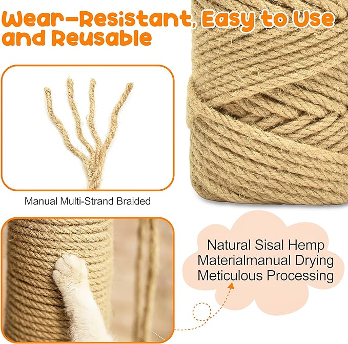 98FT/30M Cat Scratching Sisal Rope, 6mm Thick Natural Jute Rope for Scratch Posts, Cat Trees, DIY Projects, Sisal Rope for Scratcher with 2 Mouse Toys (Natural, 98ft)