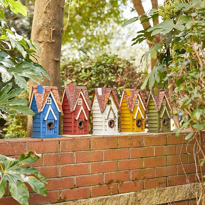 Glitzhome Bird Houses for Outdoors, Hand Painted Distressed Wooden Bird House Hanging Garden Birdhouse for Outside, Decorative Birdhouses for Bluebird Hummingbird Wren Finch Cardinals Cedar 12" H