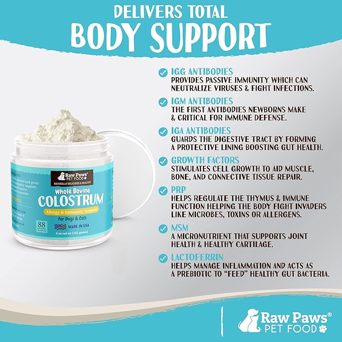 Raw Paws Pet Bovine Colostrum for Dogs Allergies & Immune Support (5-Ounce) - Made in USA - Colostrum for Cats - Senior Dog Supplements - Itchy Skin Treatment - All Ages, Sizes & Breeds