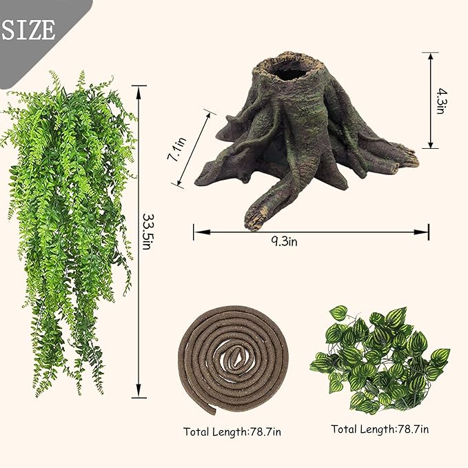 PINVNBY Bearded Dragon Tank Accessories,Crested Gecko Tree Stump Decorations Resin Reptile Hollow Tree Root Habitat Hideouts Cave Jungle Vines Ornament for Lizard Chameleon Snake Gecko(4 PCS)