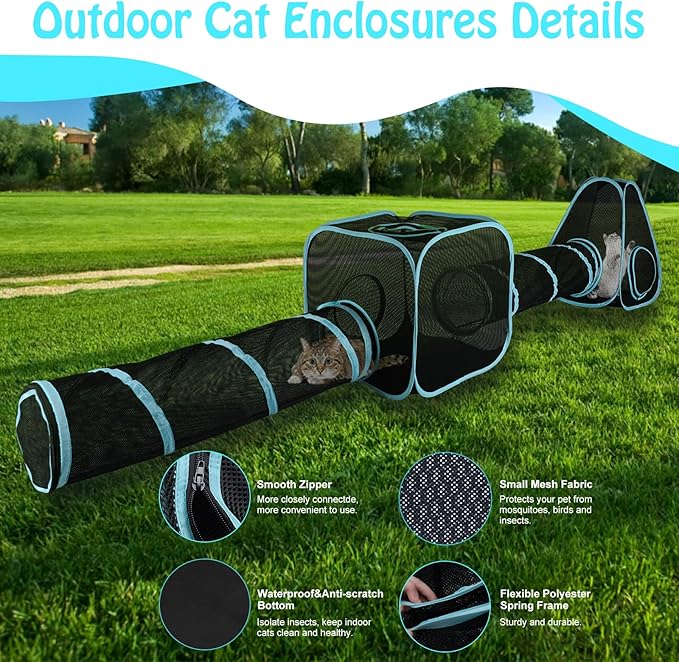 BWOGUE Outdoor Cat Enclosures for Indoor Cats, 4 in 1 Outdoor Cat Tent with Tunnel Portable Pop Up Visual Mesh Cat Outside Playhouse for Cats Puppy Small Animals, Total Length 9.45FT