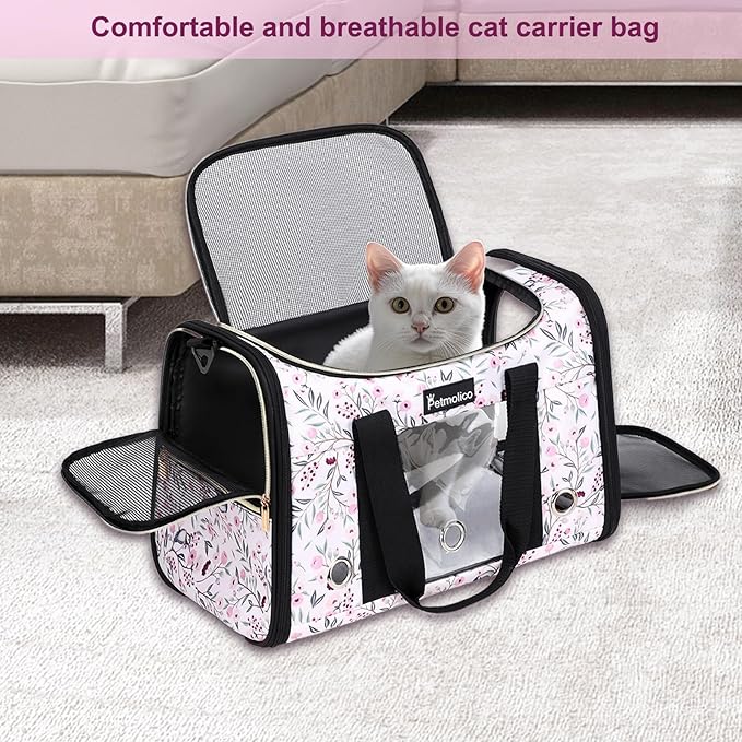 Petmolico Cat Carrier Soft-Sided Pet Bag for Small Medium Cats Puppies 16LBs - Airline Approved Pet Travel Carrier 3 Open Doors (Medium,Mixed Pink)