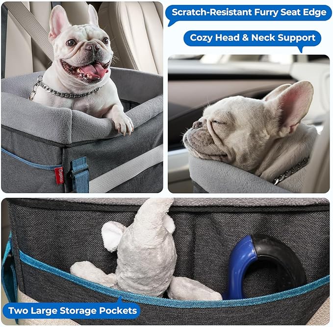 BurgeonNest Dog Booster Car Seat for Small Dogs, Washable Anti-Collapse Pet Bed for Car Front Back Seat, Cat Puppy Travel Carseats Up to 25lbs, Clip-On Safety Leash and Booster Fluffy Pad, Grey