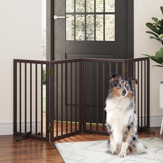 Dog Gates for Doorways, Tall Dog Gate Indoor, Foldable Pet Gates for Doorways Bedroom, Freestanding Puppy Gate with Metal Support Feet, Room Divider, 4 Panels (Browm)