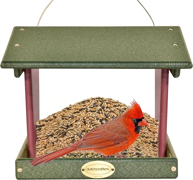 Plastic Hanging Hopper Bird Feeder, Large Bird Feeders for Outdoors, Suitable for Food, Seed, Mealworm (Large, Turf Green & Cherry Wood)