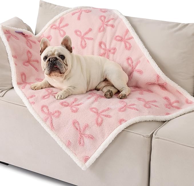 Lesure Waterproof Puppy Blanket for Medium Dogs - Washable Double Sided Dog Blankets with Warm Jacquard Shag and Soft Sherpa Fleece, Pet Cat Blanket for Couch Protection, Bow Design,Pink Taffy