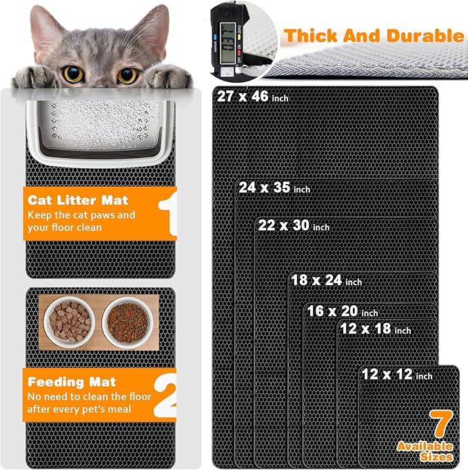 Waterproof Cat Litter Mat, Double Layer EVA, Odor-Free Large Grid, Urine Proof, Easy Cleanup (Black, 22 x 30)