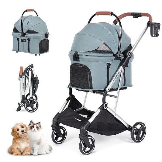 T3 Pro 3-in-1 Small Pet Stroller for Dog & Cats, 4 Wheels with Detachable Carrier with Pad, Canopy and Cup Holder, Green