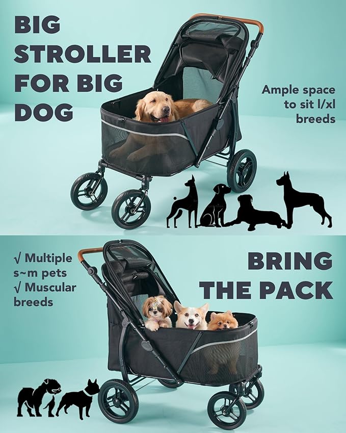 Pet Stroller for Large Dogs up to 110lbs, Large Pet Stroller for Multiple Pets, All-Terrain with Adjustable Handle & Mesh Dual-Window, 1680D Waterproof Oxford Fiber