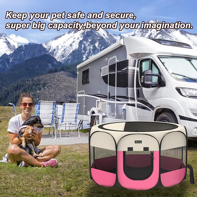 Portable Pet Playpen, 8-Panel Indoor/Outdoor Puppy Pen with Shade Cover & Travel Bag - Waterproof Dog Cat Tent Includes Collapsible Bowl