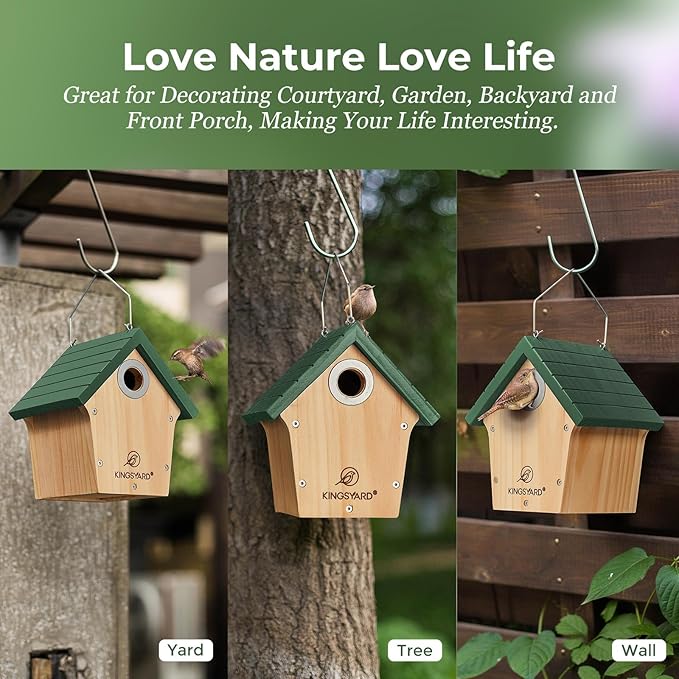 Kingsyard Wooden Bird House with Predator Guard, Wren Bird Nesting for Outdoor, Garden Patio Nest Box for Wild Bird Watching, Green